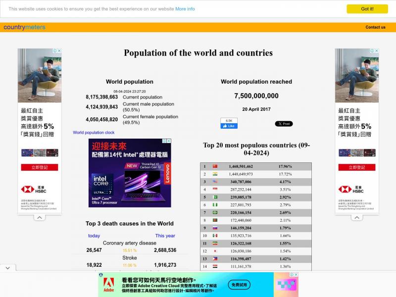 【世界人口时钟】按国家/地区划分的当前世界人口，世界人口时钟<b>※</b>2024年04月09日网站截图
