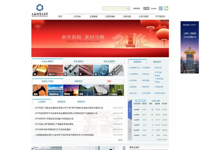 【期货交易所】上海期货交易所首页<b>※</b>2024年02月20日网站截图
