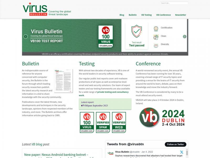 【Virus Bulletin】2023年10月20日网站截图